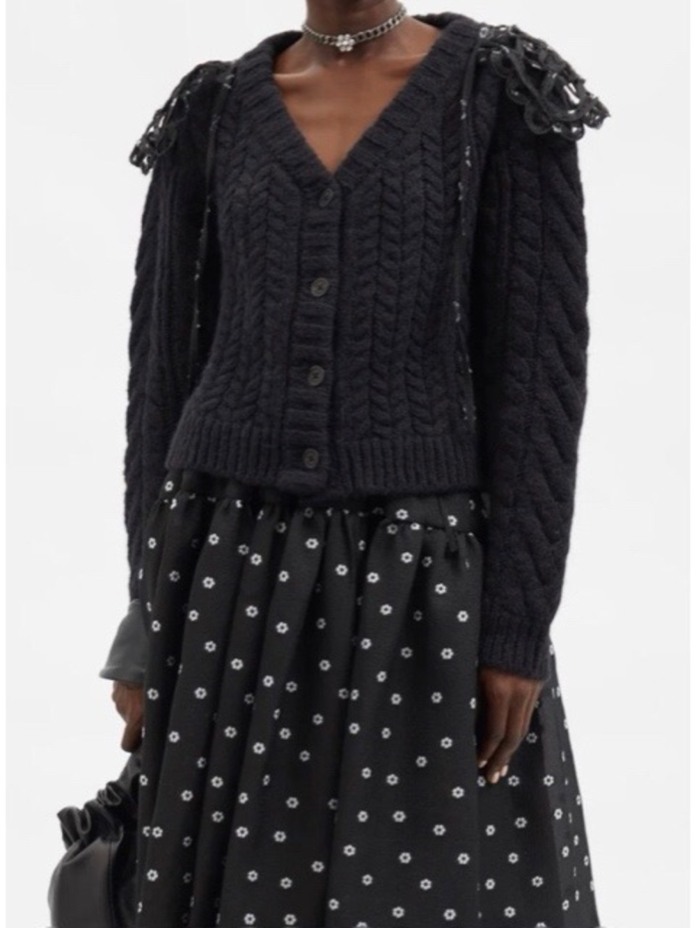 Black Cable-Knit V-Neck Button Cardigan Sweater